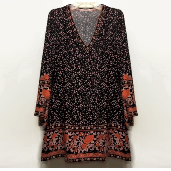 Floral Bell Sleeve Mini DRESS Dahlia Brown Kaftan - Picture 5 of 6